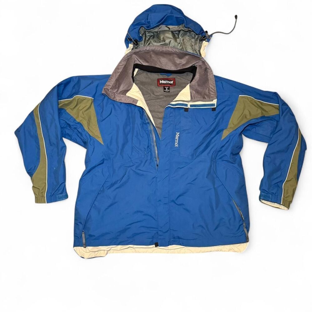 Marmot Men’s XL Hooded Ski Snow Jacket Blue/Olive Zip Winter Parka vintage 90s